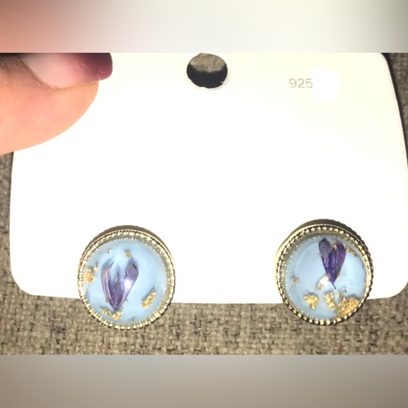 “Navy Calla Lily Petals” Blue Pressed Preserved Dried Flower Gold Flake Orb Stud - Picture 14 of 16